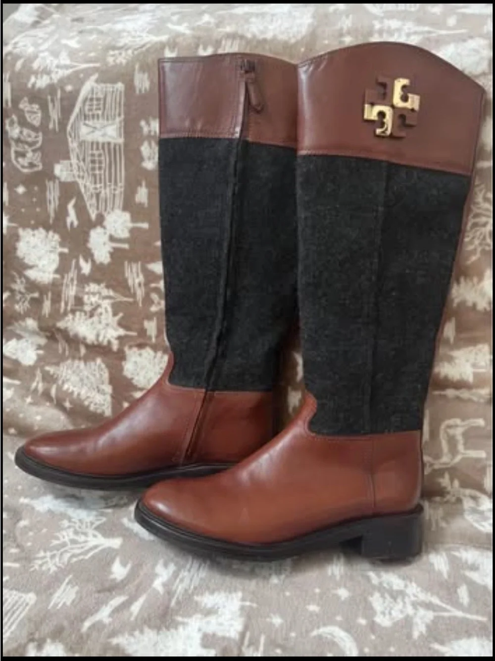Tory Burch Brown Leather and Gray Wool  Boots